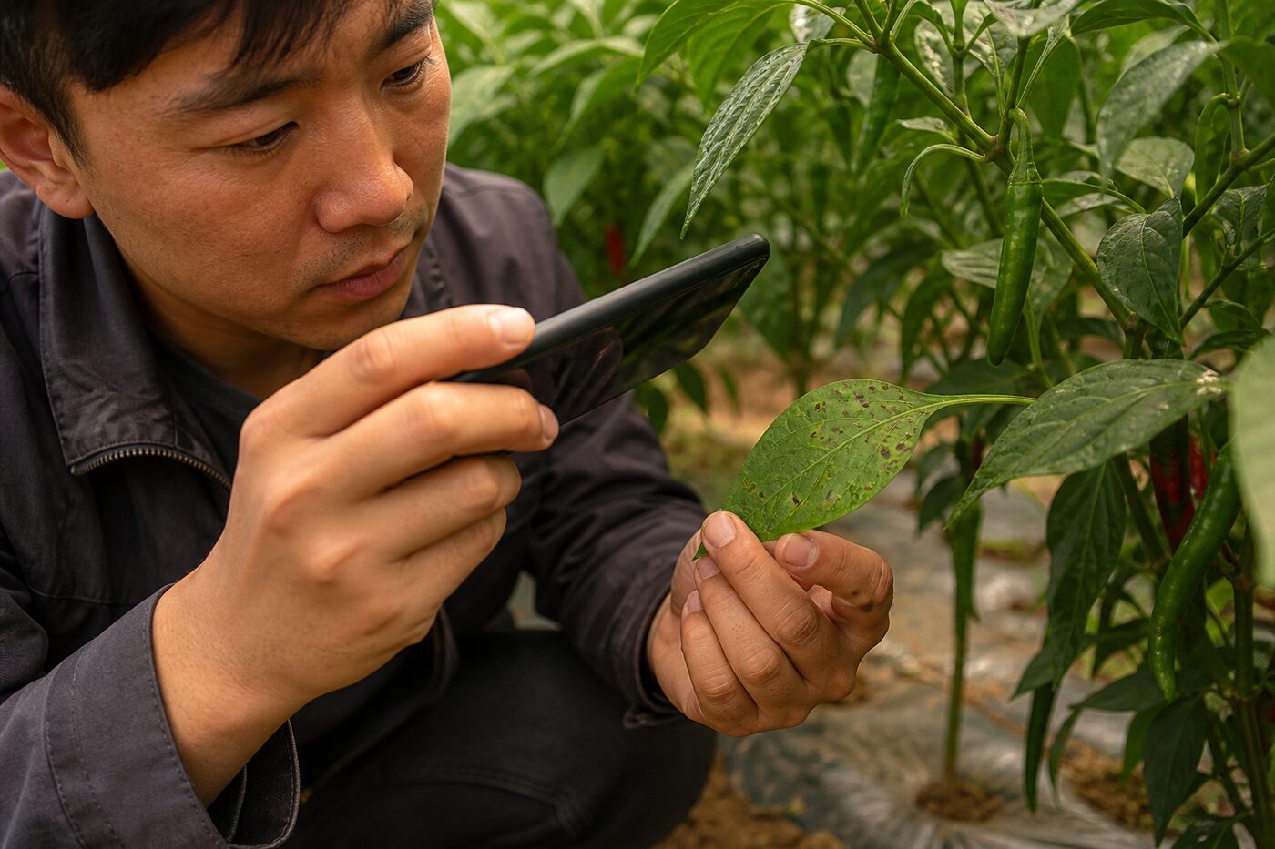 病虫害识别：农技员在田间用手机拍摄叶片病斑