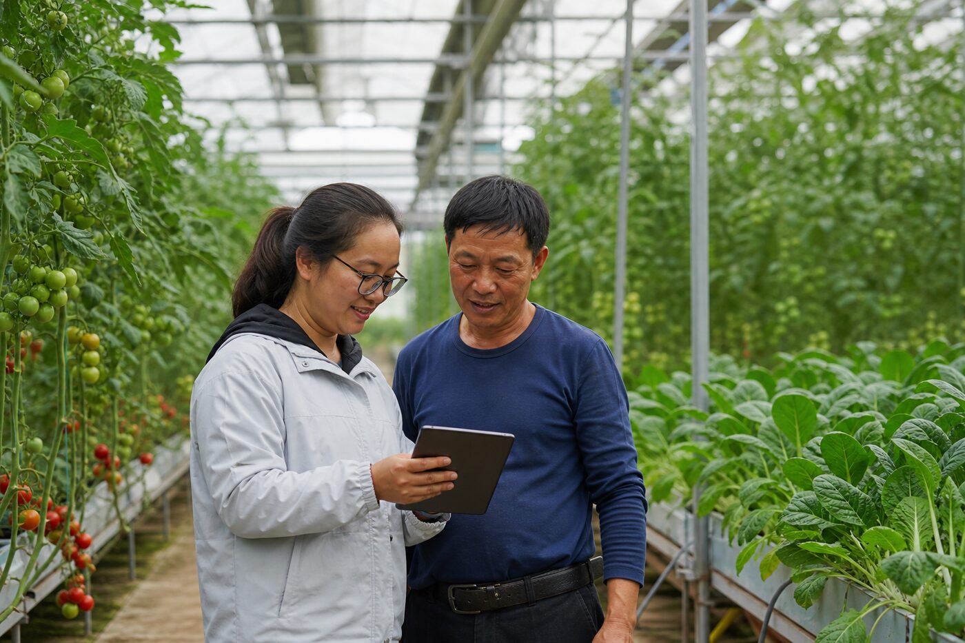 农技问答：农技员在温室中与农户对照平板讲解种植要点